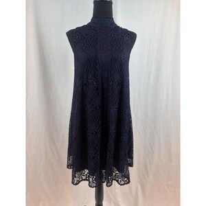 Navy Blue Lace High Neck Sleeveless Shift Dress Open Back Paisley Scalloped Hem
